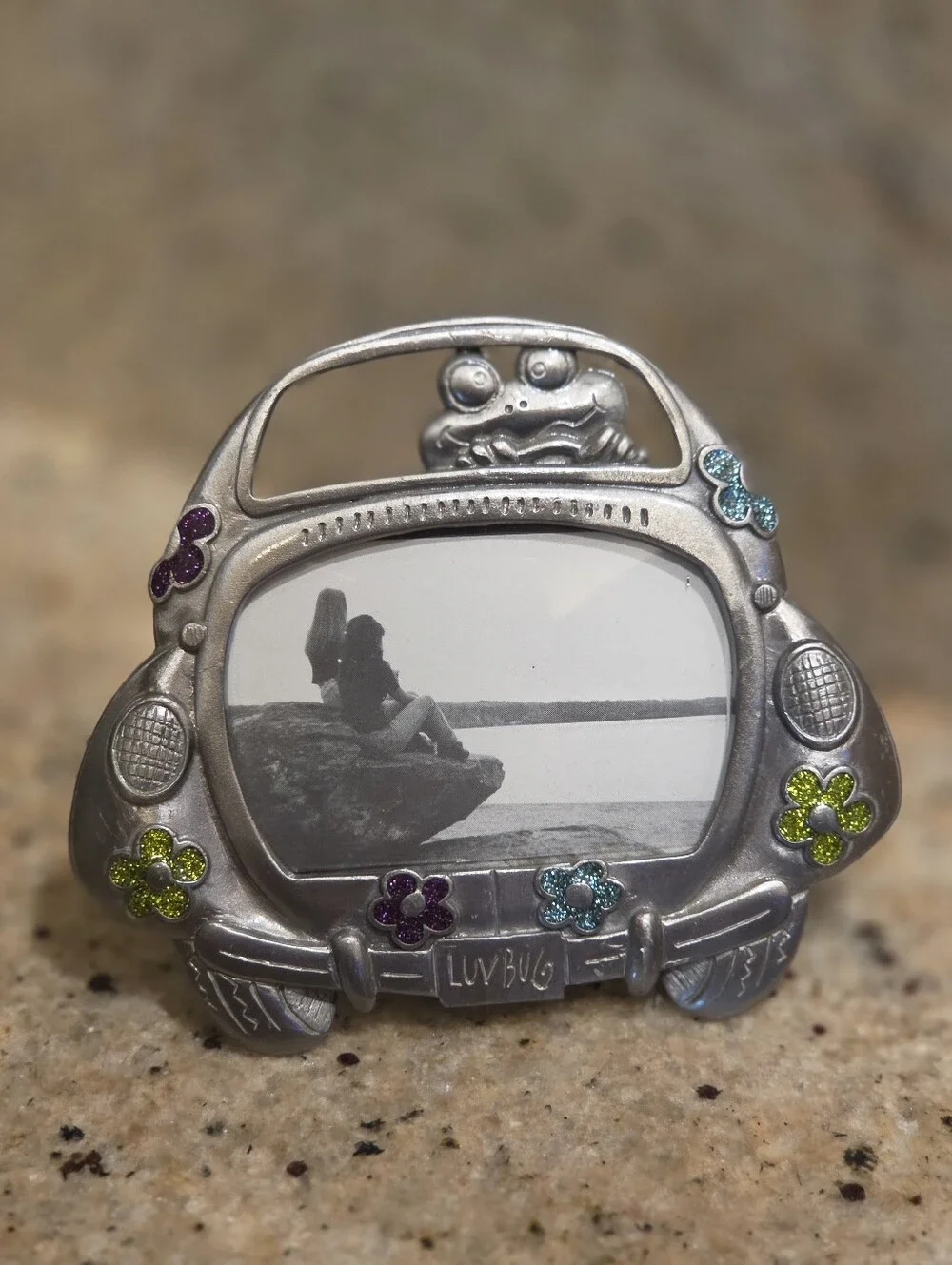 VTG 90s Y2K Pewter VW Beetle Luv Bug Picture Frame Glitter Flowers Room Decor
